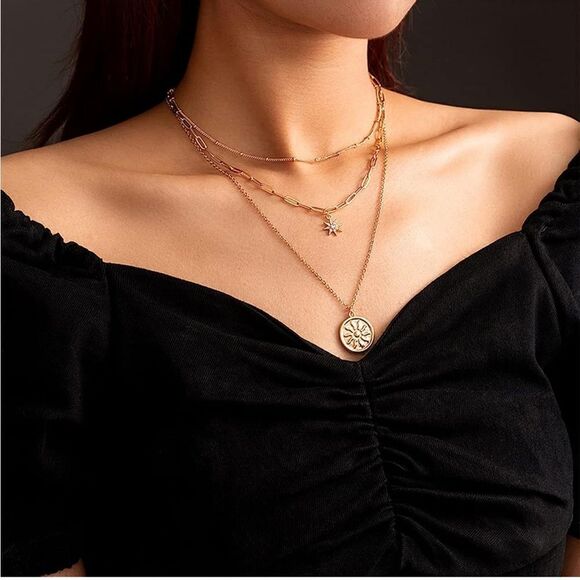 Gold 18k Gold Plated Star Pendant Chain Layered Necklace - Picture 1 of 3
